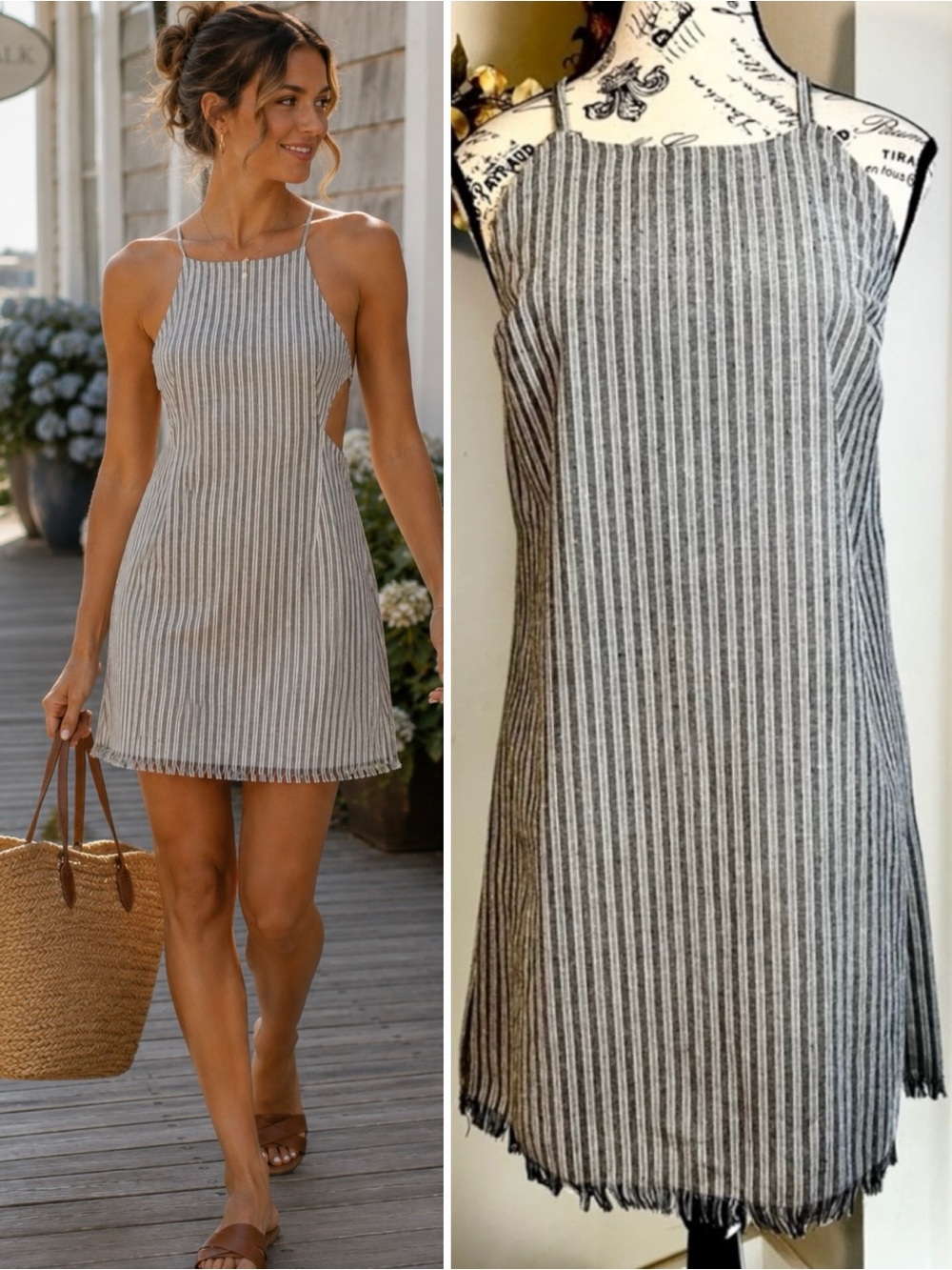 Lulus Boardwalk Stroll Striped Linen Mini Dress Blend Side Cutout Fringe Hem L💛